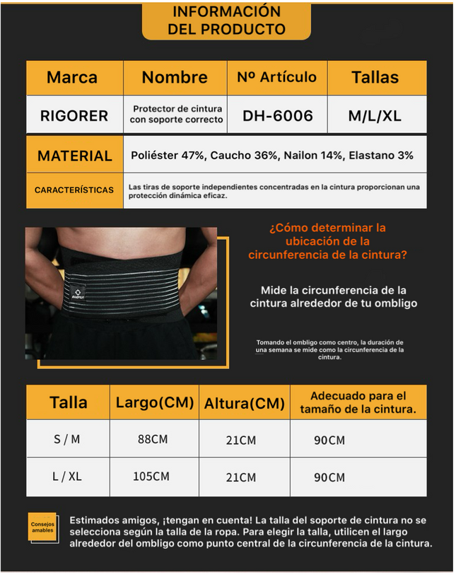 Cinturón de soporte lumbar deportivo Rigorer